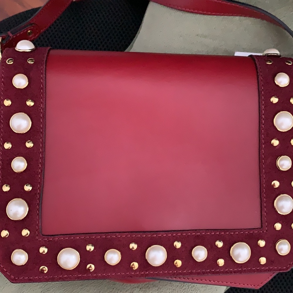 Sandro Leather Suede Crossbody Pearl Gold Stud NWT